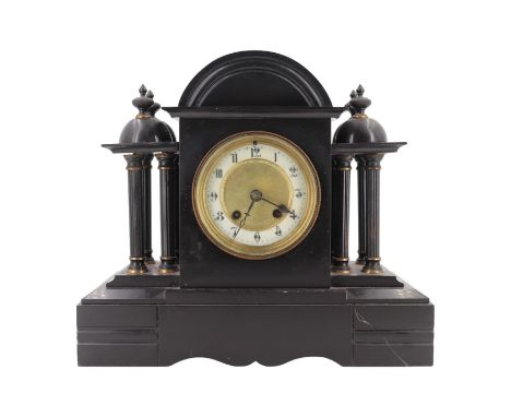 A Victorian black slate mantle clock, of architectural form and having a drum movement, striking on a gong, 34 x 13 x 30 cm, 