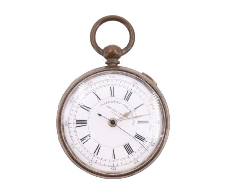 A gilt stainless-steel "Celebrated Chronograph" pocket watch, having a key wound movement, Roman numerals to the white enamel