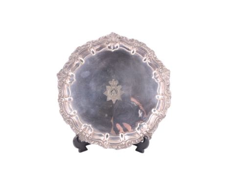 A Victorian electroplate waiter bearing an engraved Army Service Corps badge, 25 cm