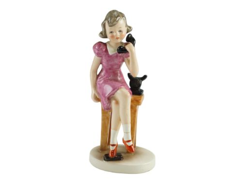 A Goebel figurine of a 1930s young girl sat on a stool answering a telephone, (repair to foot), 16.5 cm 