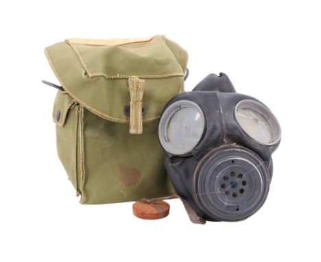 A Second World War British army Lightweight Respirator and pouch, (rubber perished and split, one lens shattered)