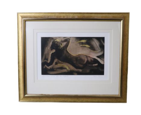 Simon Bull (contemporary) "On the wings of the night", a nude study of a reclined female figure enhanced with gold leaf, mono