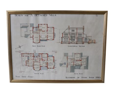 A pair of architectural designs for a detached villa, watercolour tinted prints, signed "L. Wren" and dated 1930, uniformly f