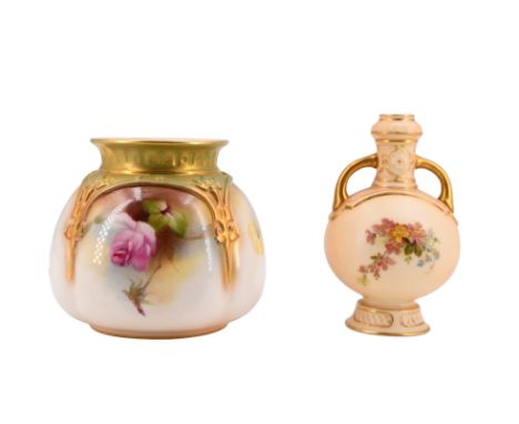 A small Royal Worcester blush ivory two handled vase, No. 1034, together with a floral decorated vase, No. 175/H 