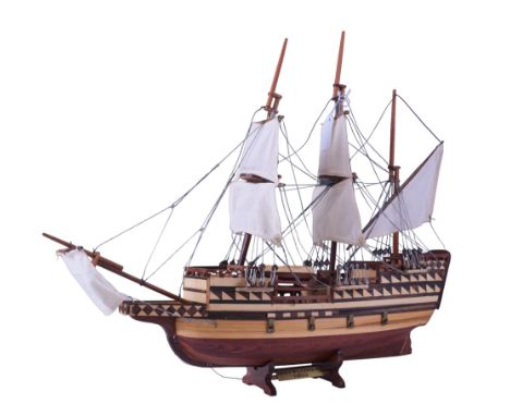 A hand built wooden scale model of the ship The Mayflower, 54 cm x 44 cm 