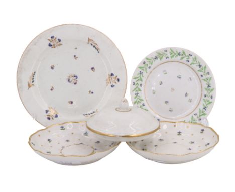 Four early-to-mid 19th Century Crown Derby saucers and side plates, hand painted decoration with gilt enrichment, variously h