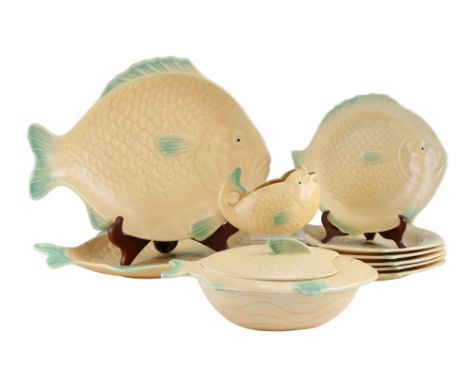 A 1930s Shorter &amp; Son fish-form luncheon set designed by Clarice Cliff, (jug and entree dish lid cracked)