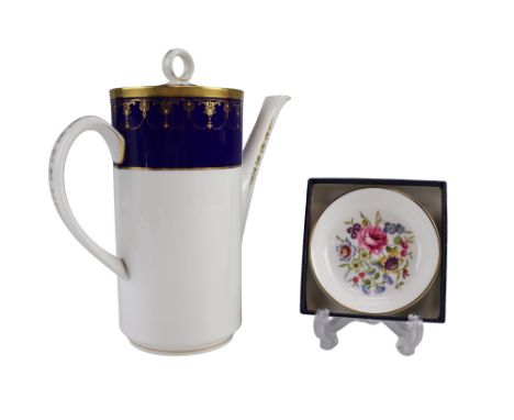 A Royal Worcester Imperial blue and gilt coffee pot together with a boxed Royal Worcester floral decorated pin dish, former 2