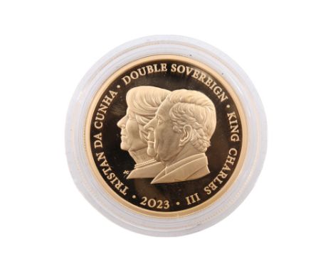 The "2023 King Charles III Coronation Double Portrait Proof Double Sovereign", in presentation case with certificates, by Hat