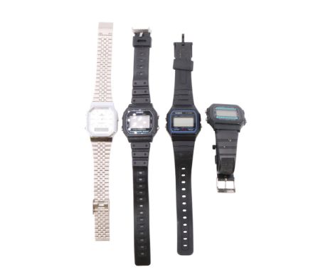 A Lorus stainless steel wristwatch together with three Casio digital watches, former 32 mm