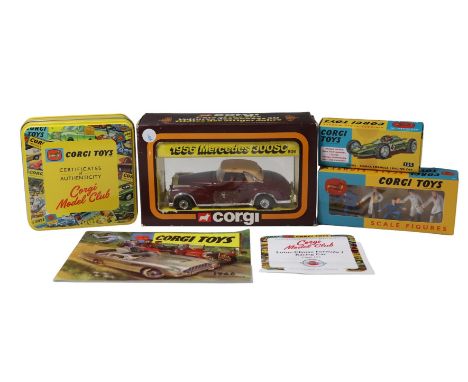 A boxed set of six Corgi Toys 'Garage Attendants' scale figures, a Lotus Climax Formula 1 Racing Car, 155, a 1956 Mercedes 30