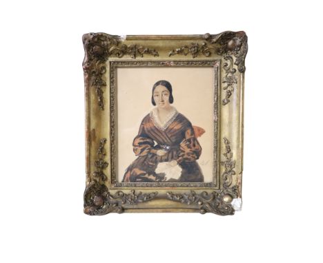 Jezanne (?) A semi naive portrait of a young woman holding blossom, watercolour, signed and dated 1841, in fancy gilt frame u