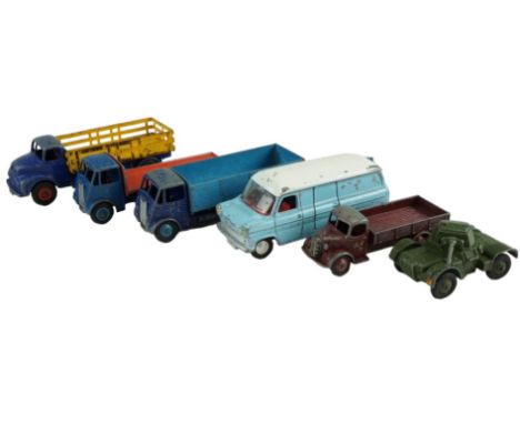 Six play-worn Dinky diecast model wagons, including an army tank, Ford Transit Van, etc