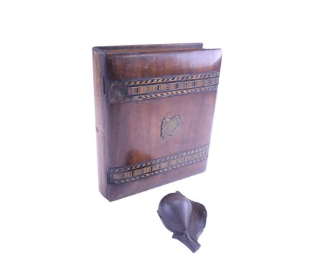 A Victorian writing box, its hinged lid having Tonbridge style banding and an engraved brass shield shaped escutcheon, with f