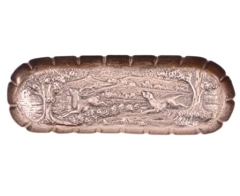 A Victorian silver pin dish, repousse decorated in depiction of a deer hunting scene, engraved "EEC from HCB, 8th September 1