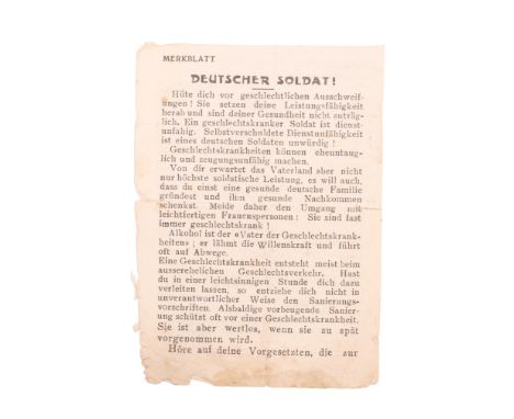 An Imperial German army leaflet warning of venereal disease, 14 cm x 10 cm 