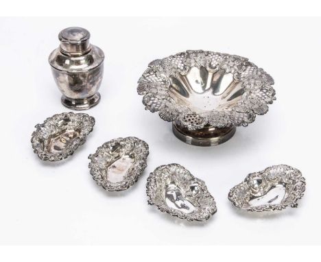 Six Victorian and later silver items, including a pierced and embossed footed dish, four small heart shaped bon bon dishes an