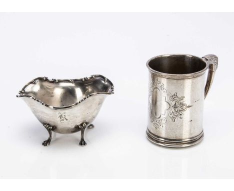 An Art Deco period American sugar basin from Galt & Co and a German Christening tankard, the basin on four feet, bent, marked