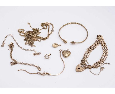 A collection of 9ct gold, including a three bar gate link bracelet, bangle, various chains, 33.2g