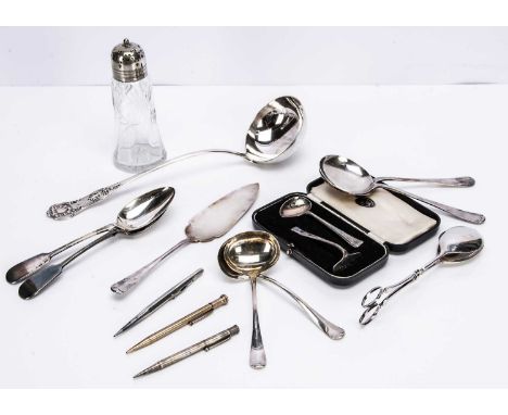 A small group of silver plated and three pencils, including a silver retractable pencil, a gold plated and another, along wit