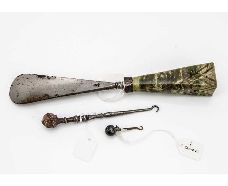 Two small Victorian hardstone bead mounted button hooks and a hardstone handled shoe horn