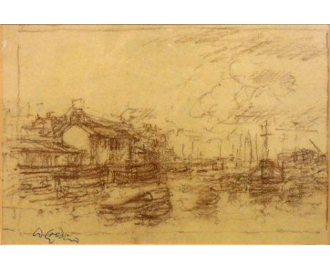 Walter Goodin (1907 - 1992), Bridlington Harbour, crayon sketch, signed lower left hand corner, 16 x 23 cm, gilt frame. Prove
