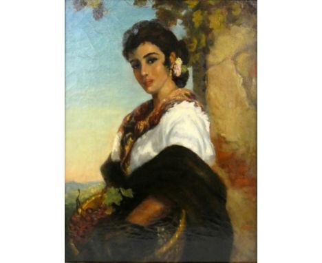 19th century Italian school, portrait of a lady with grapes, unsigned, oil on canvas, 45 x 34 cm, gilt frame. Label verso; Wi