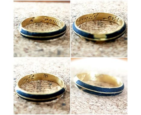 An early/mid 18th century child's gold and enamel posy ring, a D-section hoop with two bands of dark blue enamel to the outsi