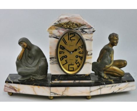 A French variegated pink marble and spelter Art Deco mantle clock, the oval dial signed Robin, Jargeau, flanked by a lady wit