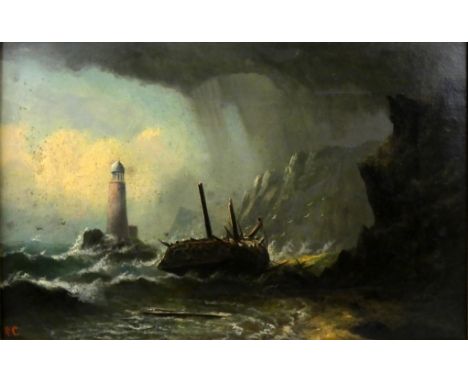 R. Coverdale (20th century), shipwreck by a lighthouse, oil on canvas, initialled RC, 22 x 35 cm, gilt frame. Signed verso Co