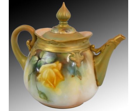 A Royal Worcester blush ivory teapot, painted floral decoration on an apricot ground, the handle, finial, covers and shoulder