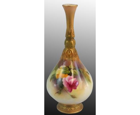 A Royal Worcester thin stemmed bud vase, gilt base and stem with painted floral motif, green date code 1909, model number H30