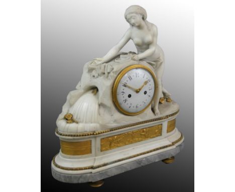 A 19th Century French alabaster and marble figural mantel clock, the white enamel dial with black Arabic numerals, the unsign