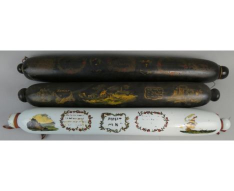 A Victorian milk glass rolling pin entitled 'Forget me Not', with floral and maritime decoration, bears verse "When this you 