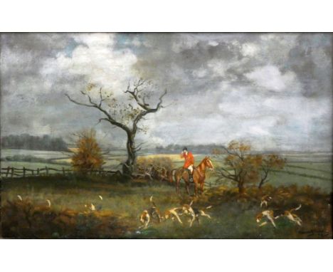 Francis Kenneth Elwell (1905-1944), fox hunting scene with huntsman and hounds, signed and dated 38, oil on canvas, 29 x 45 c