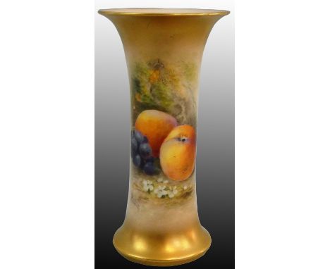 A Royal Worcester blush ivory trumpet vase, with fruit decoration on apricot ground, signed Rickells, green date code 1922, m