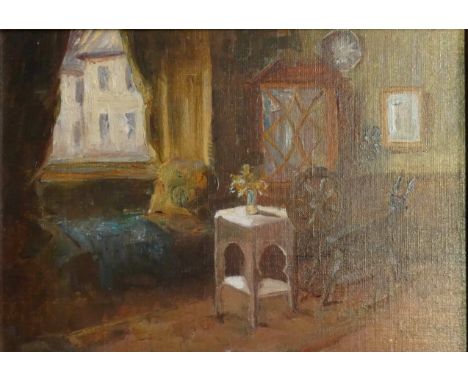 Fred Elwell R.A. (1870 - 1958), interior scene sketch, unsigned, oil on canvas board, 23 x 33 cm, gilt frame. ARR. Provenance