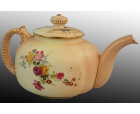 A Royal Worcester blush ivory teapot, ribbed handle and floral decoration on apricot ground, puce date code 1898, marked W517