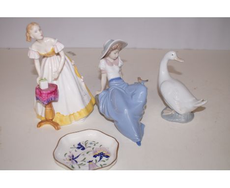 2 Nao figures together with a Royal Doulton figure HN3095, and a Coalport dish