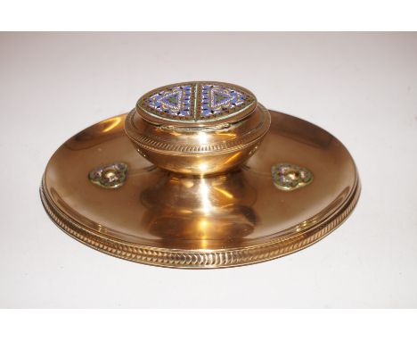 Solid brass gothic revival table top inkwell with champleve enamel decoration in manner of John Hardman