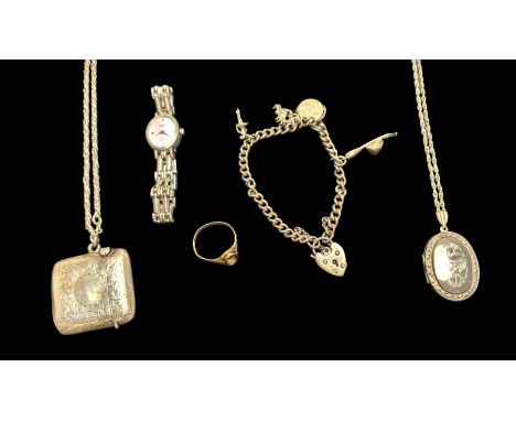 9ct gold ring shank and silver jewellery, including charm bracelet, locket necklace and a vesta case on chain, together with 