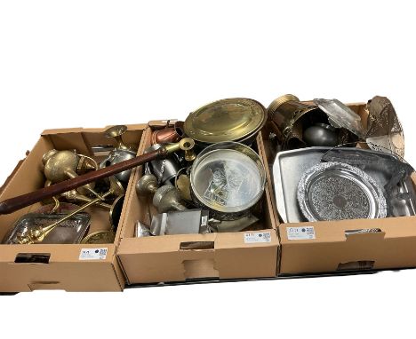 Collection of metalware including trays, copper jugs, candlestick etc, in three boxes 