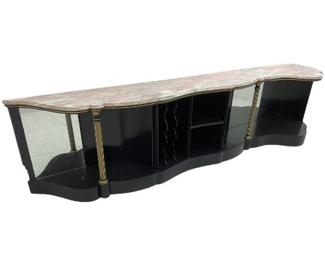 Italian ebonised and gilt serpentine corner console bookcase cabinet, shaped pink marble top over assorted shelves and divide
