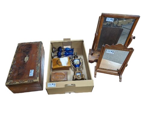 Two wooden dressing table mirrors, large wooden box, smaller wooden boxes and a carved pipe, together with pair of blue glass