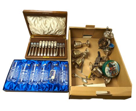 Set of six Henry Marchant Bohemia Crystal glasses, boxed, a cased Mappin & Webb silver plated fish knives and forks set and o