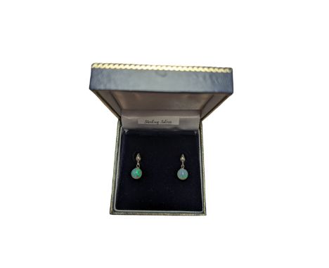 Pair of silver opal pendant stud earrings, stamped 925, boxed 