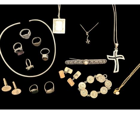 Silver and costume jewellery, including stone set rings, cross necklace, cufflinks, marcasite pearl brooch etcCondition Repor