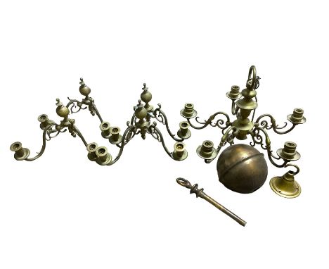 Dutch style metal chandelier, with five arms, approximately W50cm, together with a four Dutch style twin branch wall sconces,
