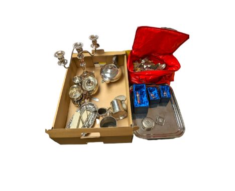 Collection of silver plate and other metalware, including tray, tankard, Royal Mint Classics cruet, cutlery, candelabrum etc 