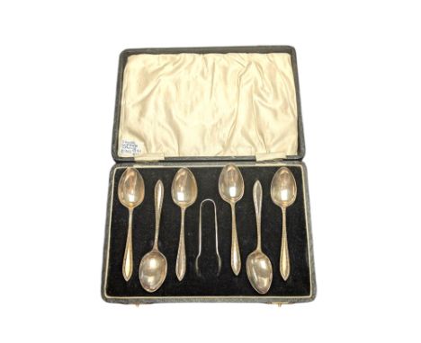Cased set of six silver coffee spoons and a pair of sugar tongs, hallmarked Condition Report:Approx 73 grams